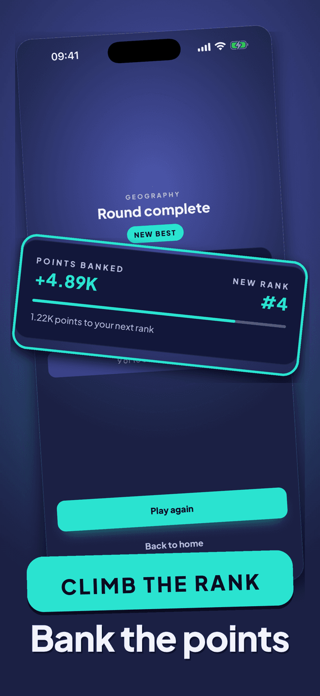 The result screen after finishing a round, with the points banked.