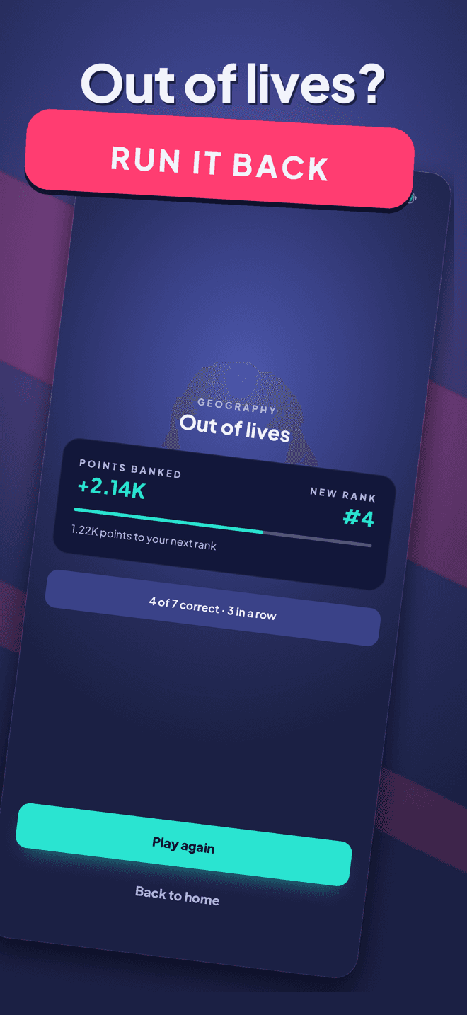 The result screen after running out of lives, offering another round.